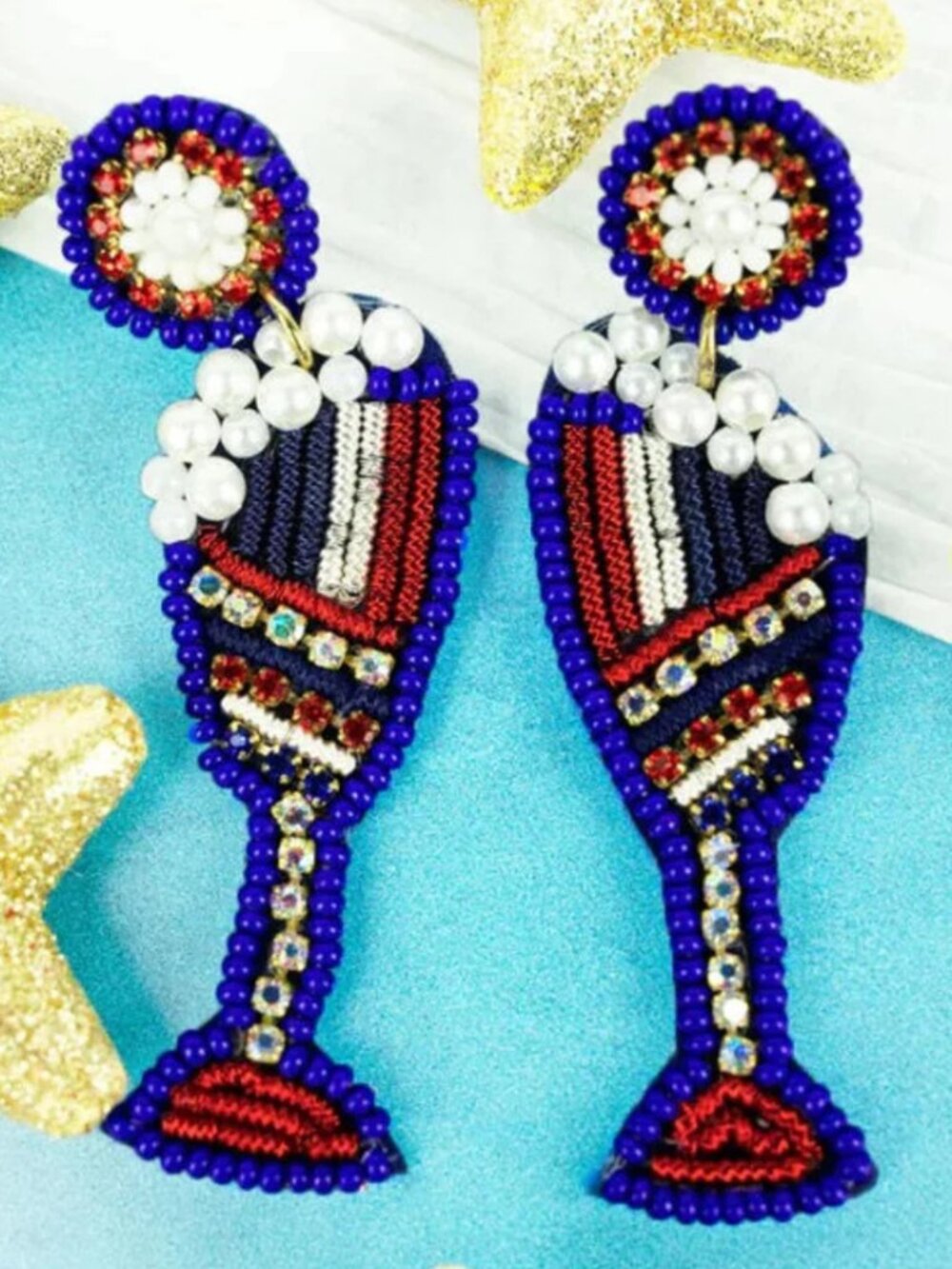 4th of July American Flag Champagne Glass Pearl & Bead Earrings NEW